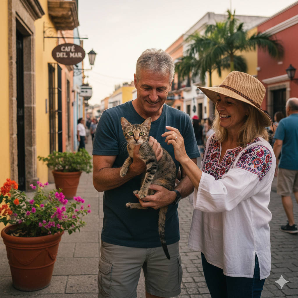 Turistas rescatando un gato en Puerto Vallarta